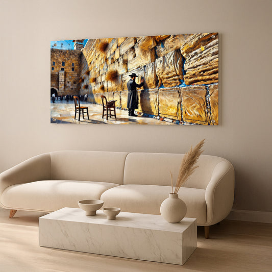 תפילה בכותל באור זהוב – הדפסה על זכוכית