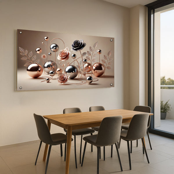 תמונת זכוכית פרחי זהב ורוד וכדורי פנינה