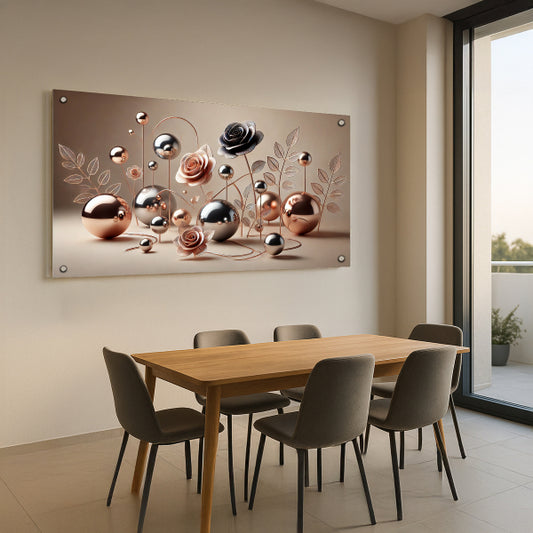 תמונת זכוכית פרחי זהב ורוד וכדורי פנינה