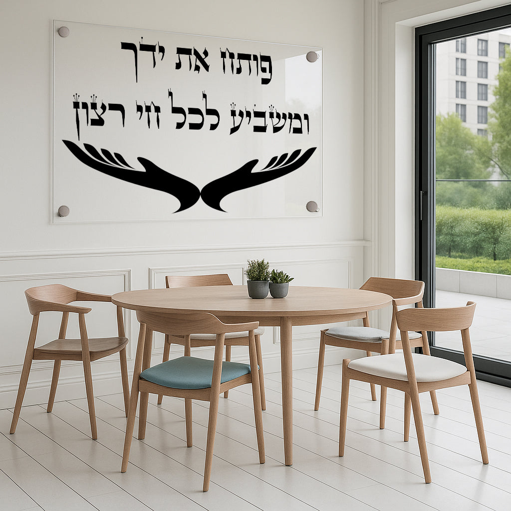 תמונת זכוכית – ברכת פותח את ידיך בעיצוב שחור על רקע לבן