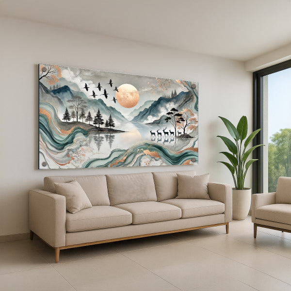 נוף הרים שקיעה וציפורים תמונות זכוכית