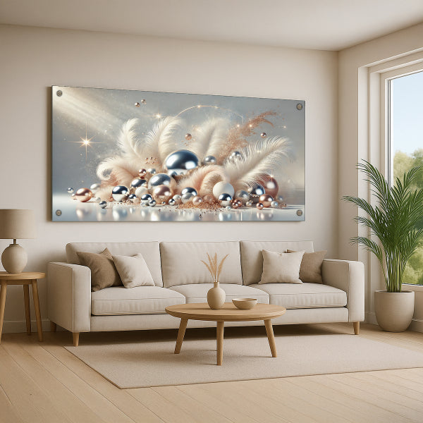 תמונת זכוכית נוצות פנינה וכסף