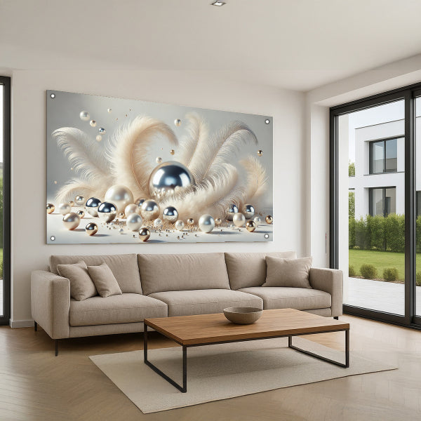 תמונת זכוכית נוצות פנינה וזהב