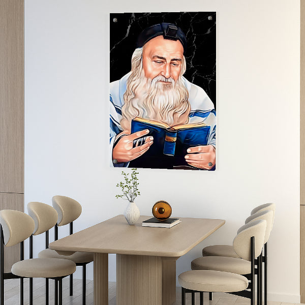 רבי מאיר בעל הנס עטוף טלית, מחזיק ספר קודש ומקרין אור קדושה – תמונת זכוכית