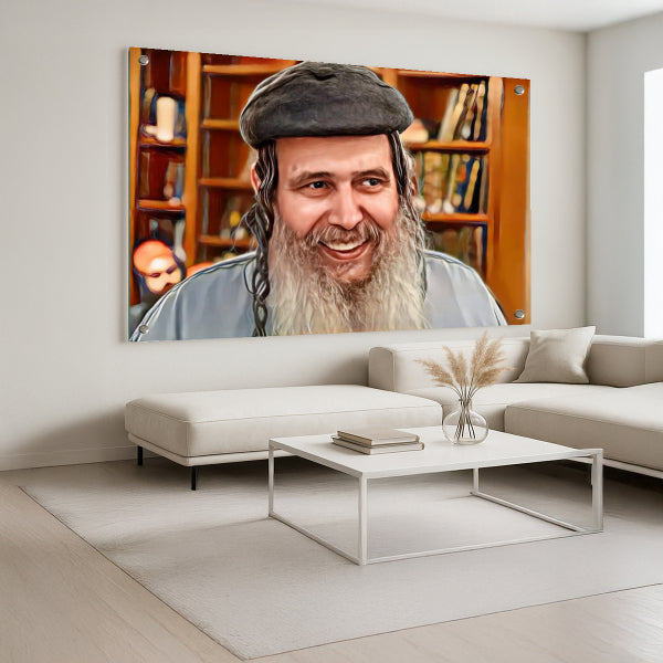 הרב שלום ארוש בחיוך חם בין ספרי התורה – תמונת זכוכית יוקרתית