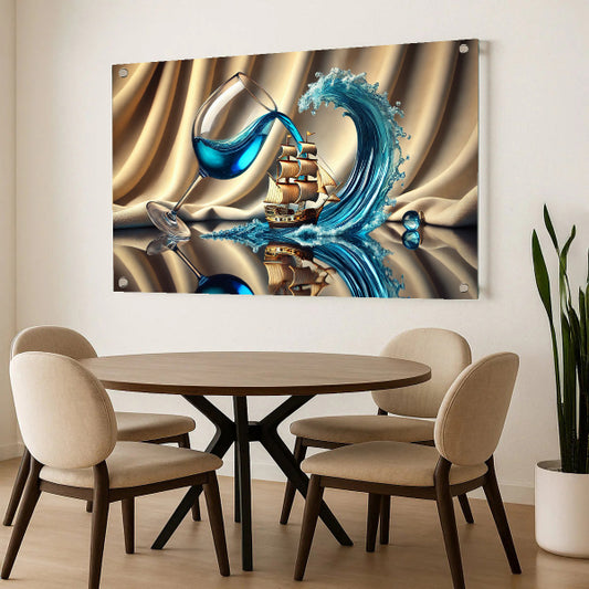 תמונה דקורטיבית על זכוכית של ספינה בגל כחול מתוך גביע יין