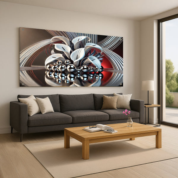 תמונת זכוכית פרחים כסופים באדום