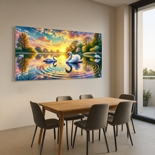 ברבורים באגם שקיעה זהובה – תמונות זכוכית