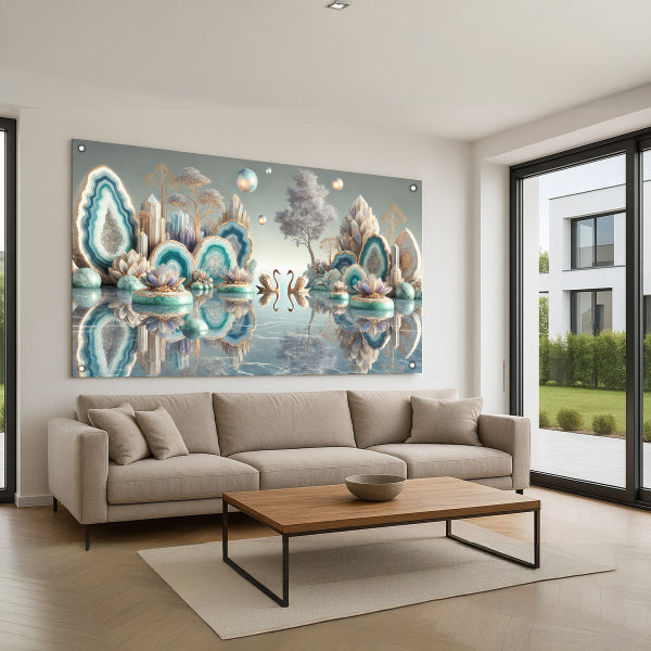 אגם טורקיז עם ציפורים – תמונות זכוכית