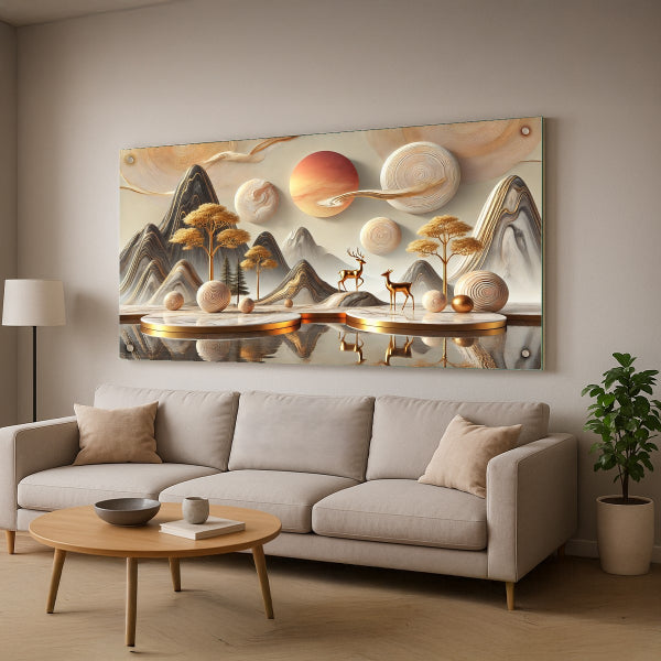 שני איילים בנוף זהוב דמיוני – תמונות זכוכית