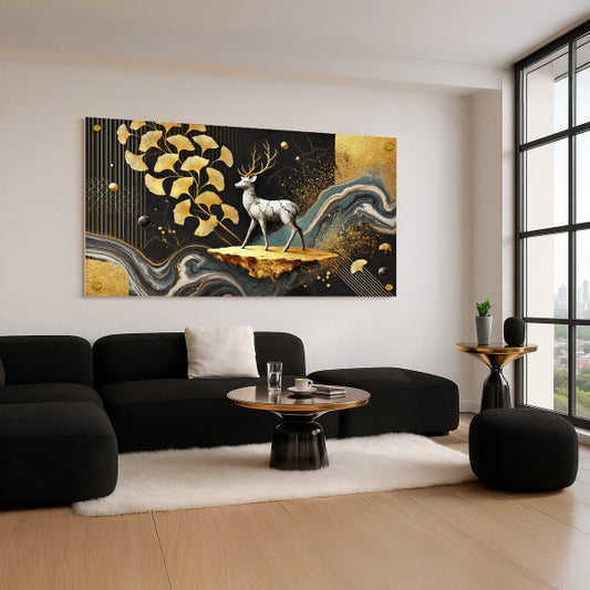 תמונות זכוכית אייל לבן על רקע שחור וזהב בעיצוב מודרני