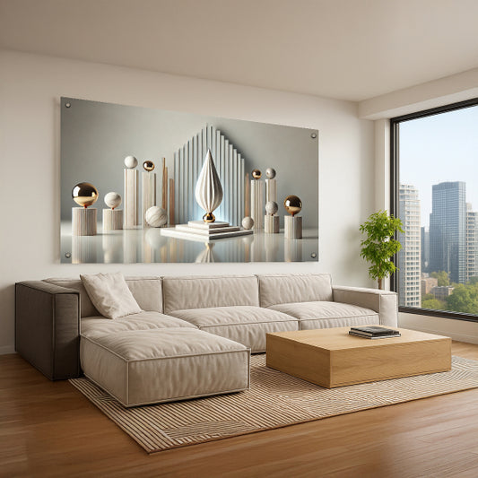 תמונת זכוכית בעיצוב מודרני בגווני לבן וזהב על רקע שיש בהיר