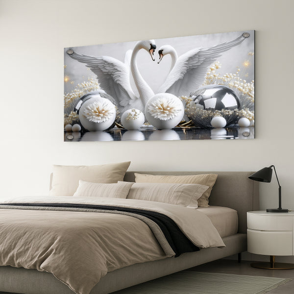 ברבורים לבנים בעיצוב כסוף – תמונות זכוכית יוקרתיות