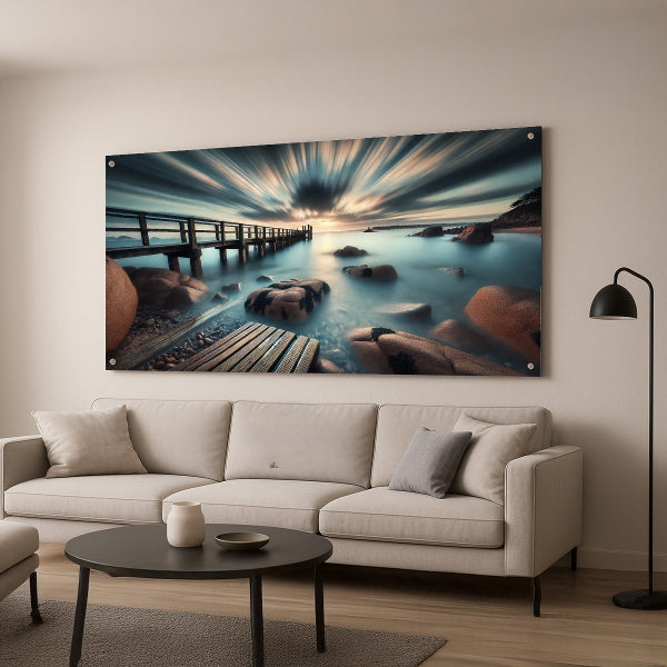 תמונת זכוכית גשר עץ מול שקיעה