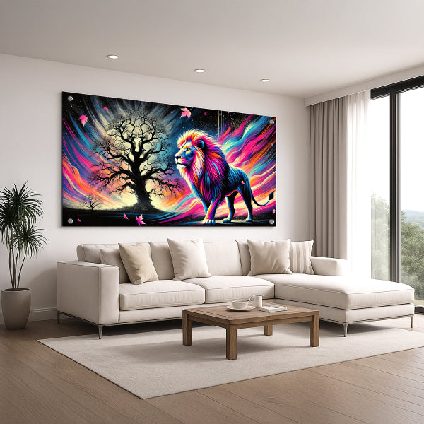 אריה צבעוני מול עץ הבריאה – הדפסה על זכוכית