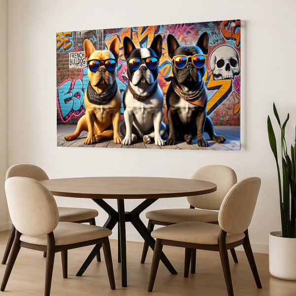 שלושה בולדוגים עם משקפיים – הדפסה על זכוכית