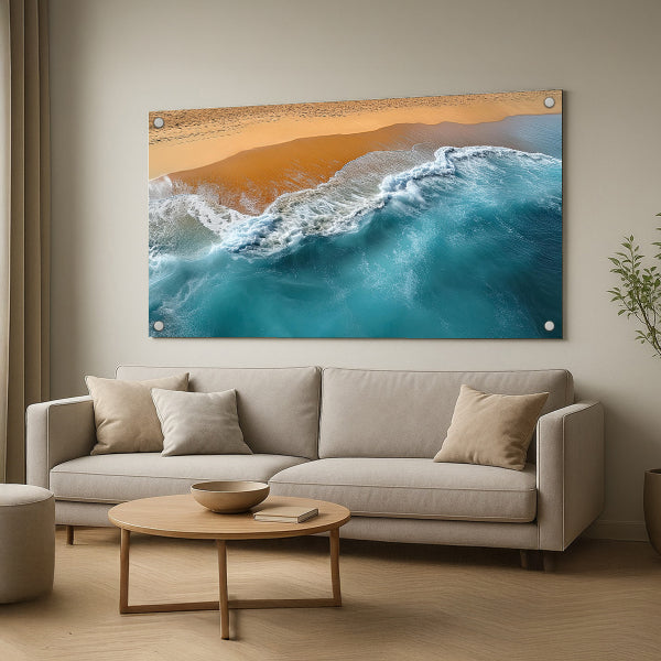 הדפסה על זכוכית - חוף זהוב וים טורקיז ממעוף הציפור