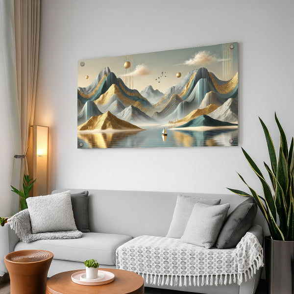 נוף הרים זהוב עם אגם שקט – הדפסה על זכוכית