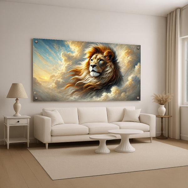 אריה מלכותי בעננים – הדפסה על זכוכית