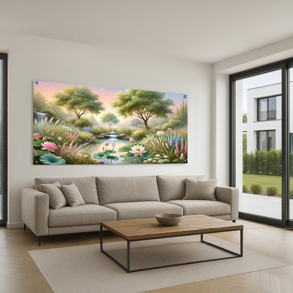הדפסה על זכוכית - גן ירוק עם עצים ובריכת מים שקטה
