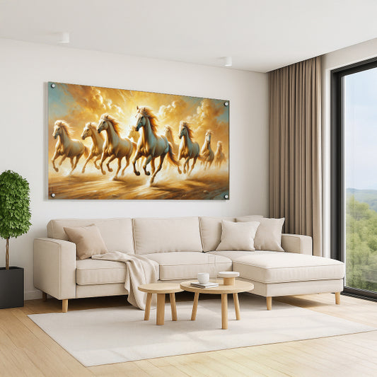 סוסי אור הדוהרים בעננים – הדפסה על זכוכית יוקרתית