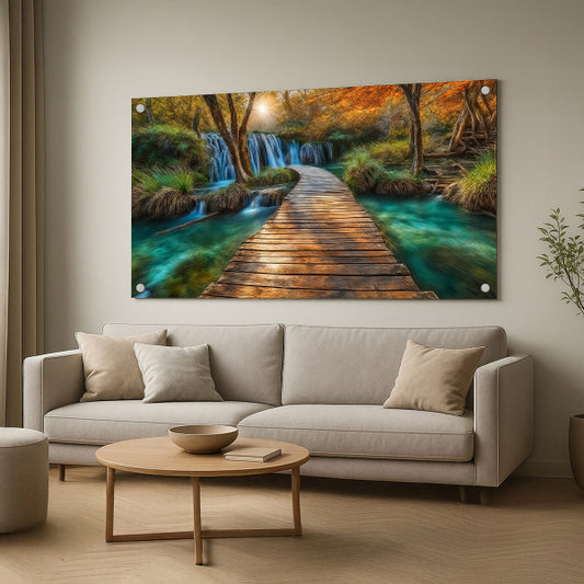 הדפסה על זכוכית של גשר עץ מעל מים צלולים ומפלים קטנים בלב יער