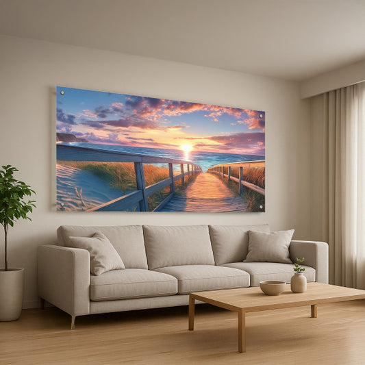 שביל עץ לים בשקיעה – תמונות לבית