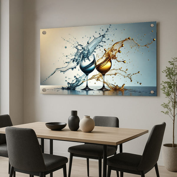תמונת זכוכית יוקרתית עם גביעי יין בצבעי כחול וזהב מתנפצים
