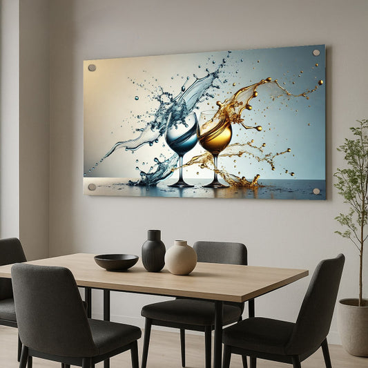 תמונת זכוכית יוקרתית עם גביעי יין בצבעי כחול וזהב מתנפצים