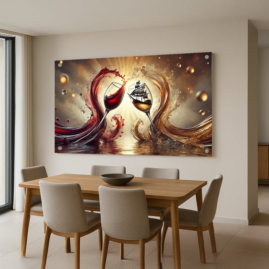 תמונת זכוכית אמנותית עם גביעי יין, ספינה וגלים זהובים