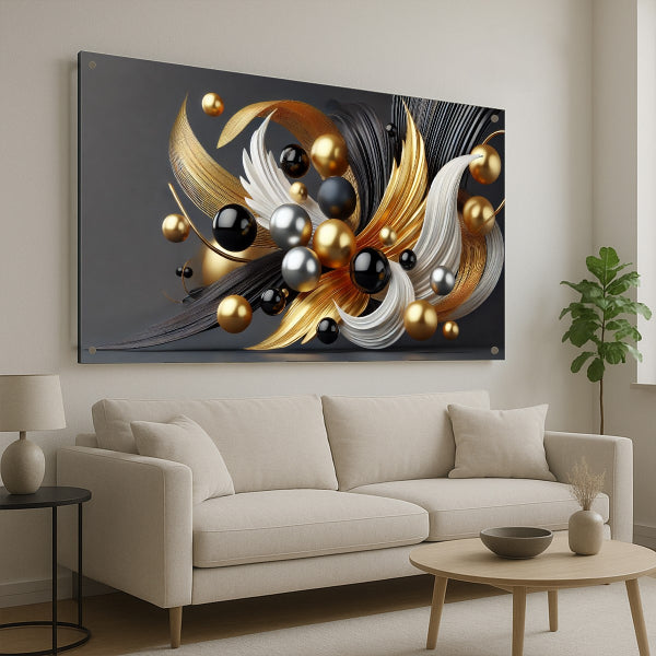 תמונת זכוכית תנועה זהובה בשחור ולבן – תמונות זכוכית מודרניות לבית