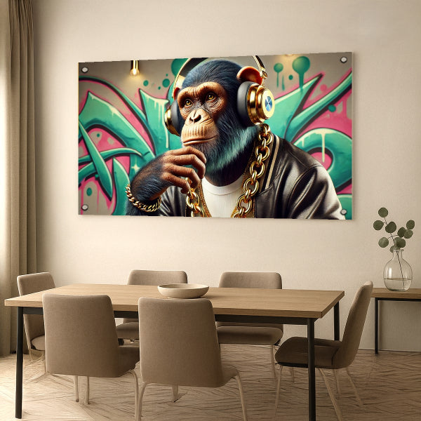 תמונת זכוכית של קוף עם אזניות זהב ושרשרת על רקע גרפיטי צבעוני