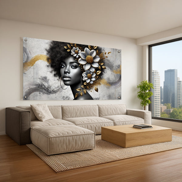 דיוקן נשי אמנותי עם פרחים בגווני זהב ולבן - תמונת זכוכית בעיצוב יוקרתי