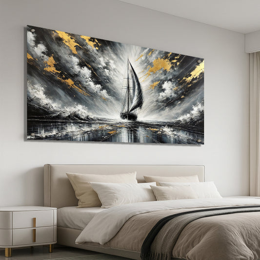 סירה בלב סערה בגווני זהב – הדפסה על זכוכית