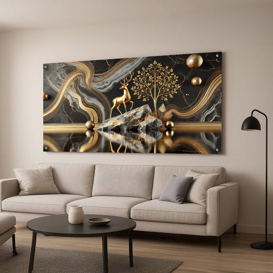 אייל מוזהב על סלע שחור עם עץ זהב – תמונות זכוכית יוקרתיות