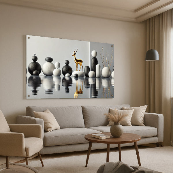 תמונת זכוכית אייל זהוב בין צורות שחור לבן – תמונות זכוכית מודרניות לבית