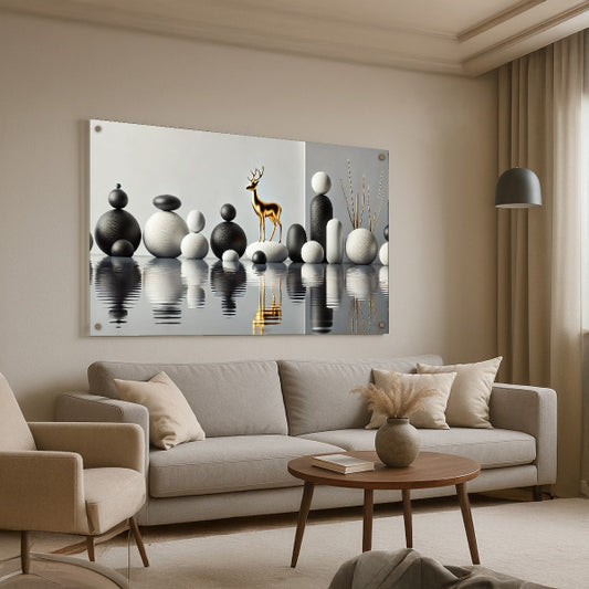 תמונת זכוכית אייל זהוב בין צורות שחור לבן – תמונות זכוכית מודרניות לבית