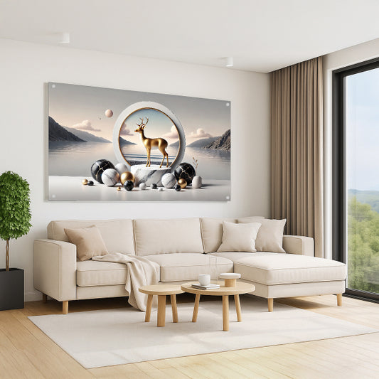 תמונת זכוכית אייל זהוב במעגל מול נוף הרים – תמונות זכוכית יוקרתיות לבית