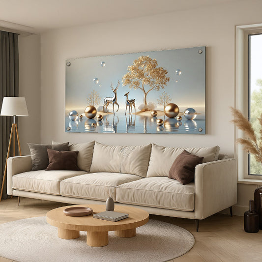 תמונת זכוכית זוג איילים זהובים באגם עם עץ מוזהב – תמונות זכוכית יוקרתיות לבית