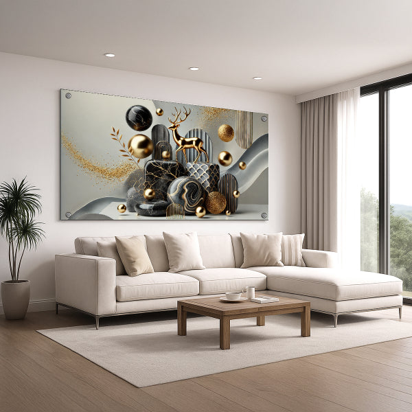 תמונת זכוכית אייל זהוב על רקע הרים גיאומטריים – תמונות זכוכית יוקרתיות לבית