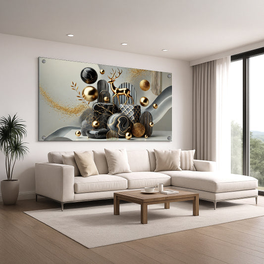 תמונת זכוכית אייל זהוב על רקע הרים גיאומטריים – תמונות זכוכית יוקרתיות לבית