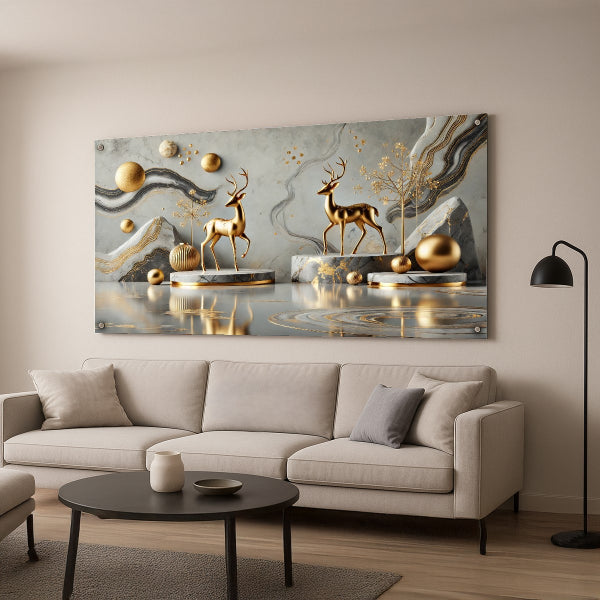 זוג איילים מוזהבים על רקע שיש אפור – תמונות זכוכית יוקרתיות