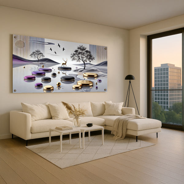 תמונת זכוכית אייל זהוב ונוף הרים מודרני עם אבני שלווה