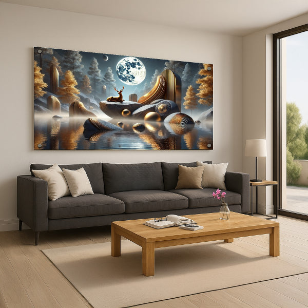 אייל זהוב תחת ירח מלא ונוף לילי קסום – תמונות זכוכית יוקרתיות