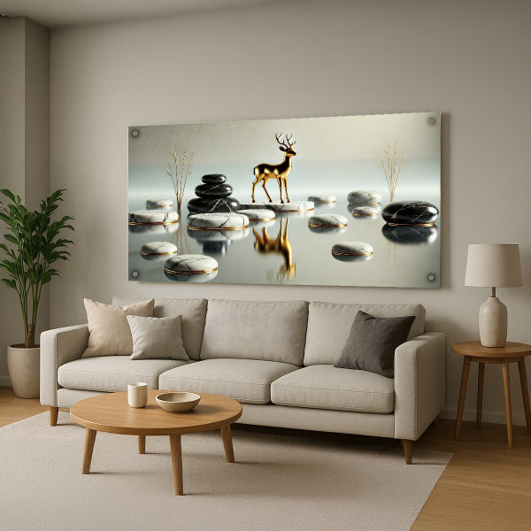 אייל מוזהב בין אבני נוי מבריקות – תמונות זכוכית מעוצבות