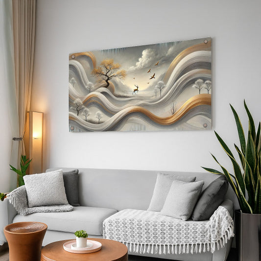 אייל בשדות גלים רכים בגווני זהב ואפור – תמונות זכוכית