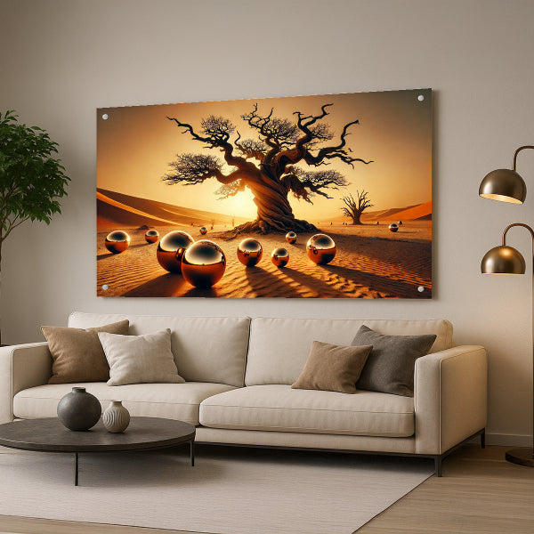 עץ מדבר עתיק באור זהוב – תמונות זכוכית