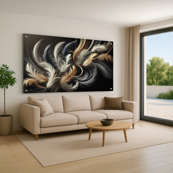 הדפסה על זכוכית נוצות זהב על שחור