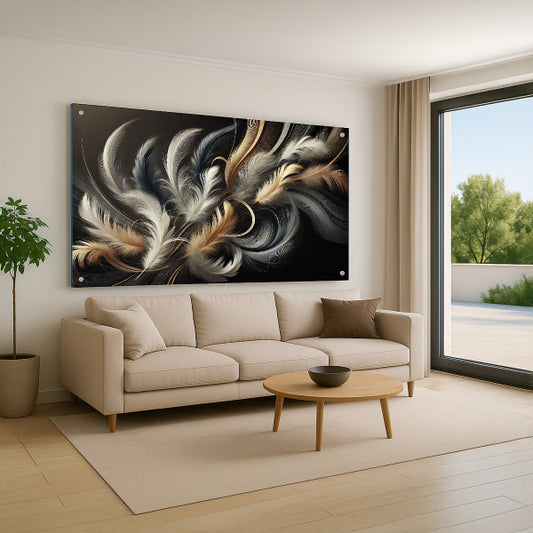 הדפסה על זכוכית נוצות זהב על שחור