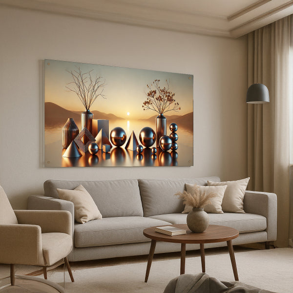 גאומטריה מוזהבת באור שקיעה – תמונות זכוכית